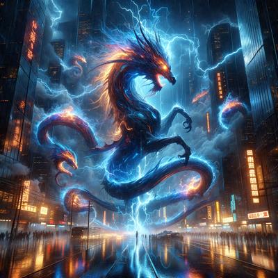 Primary subject: A dragon with a lightning bolt on its head, standing on a city street.

Setting/background: The dragon is standing on a city street, surrounded by buildings and cars.

Visual style: The image is a digital art or illustration, featuring a dragon with a lightning bolt on its head.

Colors and mood: The image has a dark and dramatic atmosphere, with the dragon being the main focus and the city street providing a contrasting urban backdrop